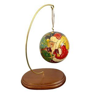 Russian Laquer Christmas Santa With Bunny & Tree Ornament With Wooden Stand